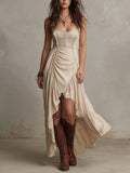 Ruched High-Low Boho Midi Dress – Soft Sand