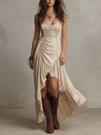 Ruched High-Low Boho Midi Dress – Soft Sand