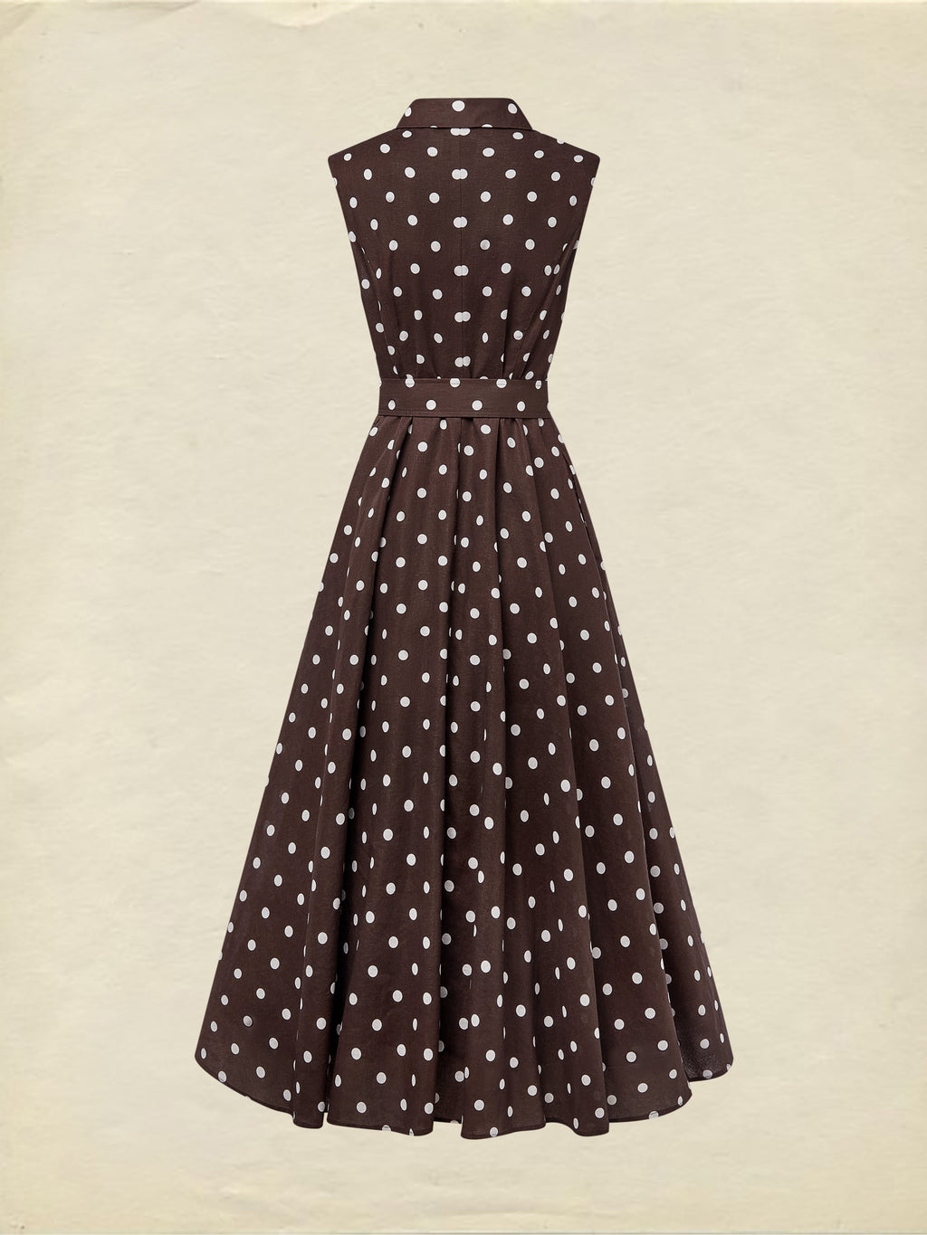Midi Cotton Dress , Sleeveless, Shawl Collar, Polka Dots, Button Design, French Vintage, Coffee