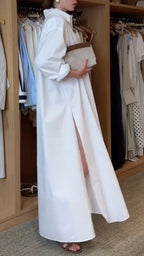 White Oversized Button Front Shirt Maxi Dress