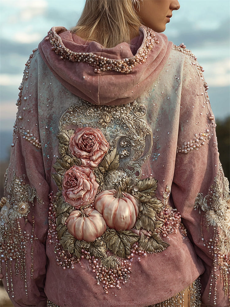 Thanksgiving Pink Pumpkins Roses Glitter Beaded Gradient Hoodie