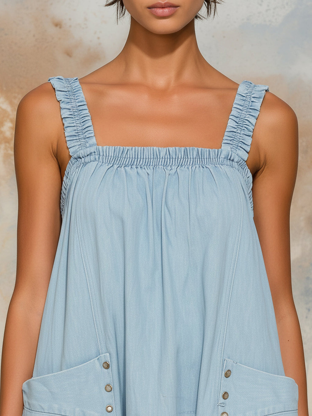 Square Neck Ruffle Strap Denim Culotte Jumpsuit