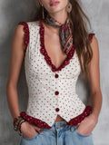 Retro Polka Dot Fitted Vest With Ruffled Trim