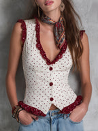 Retro Polka Dot Fitted Vest With Ruffled Trim