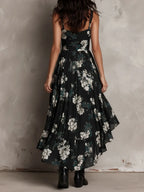 Boho Floral Print High-Low Ruffled Midi Dress