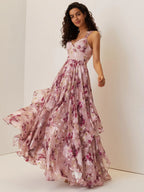 Pink Floral Jacquard Chiffon Sweetheart Neckline Sleeveless A-Line Floor-length Gown Dress