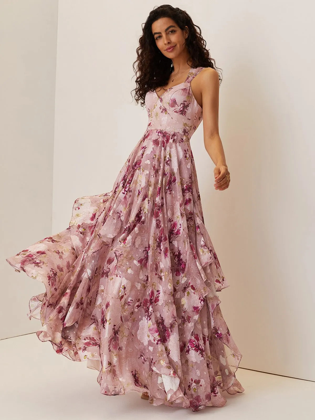 Pink Floral Jacquard Chiffon Sweetheart Neckline Sleeveless A-Line Floor-length Gown Dress