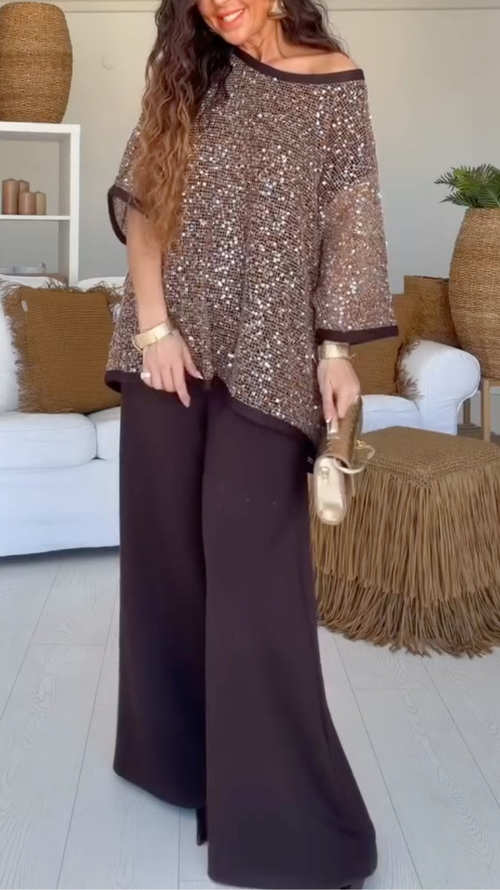 Women's Sequined Mesh Drop-Shoulder Top + Trousers Casual Set
