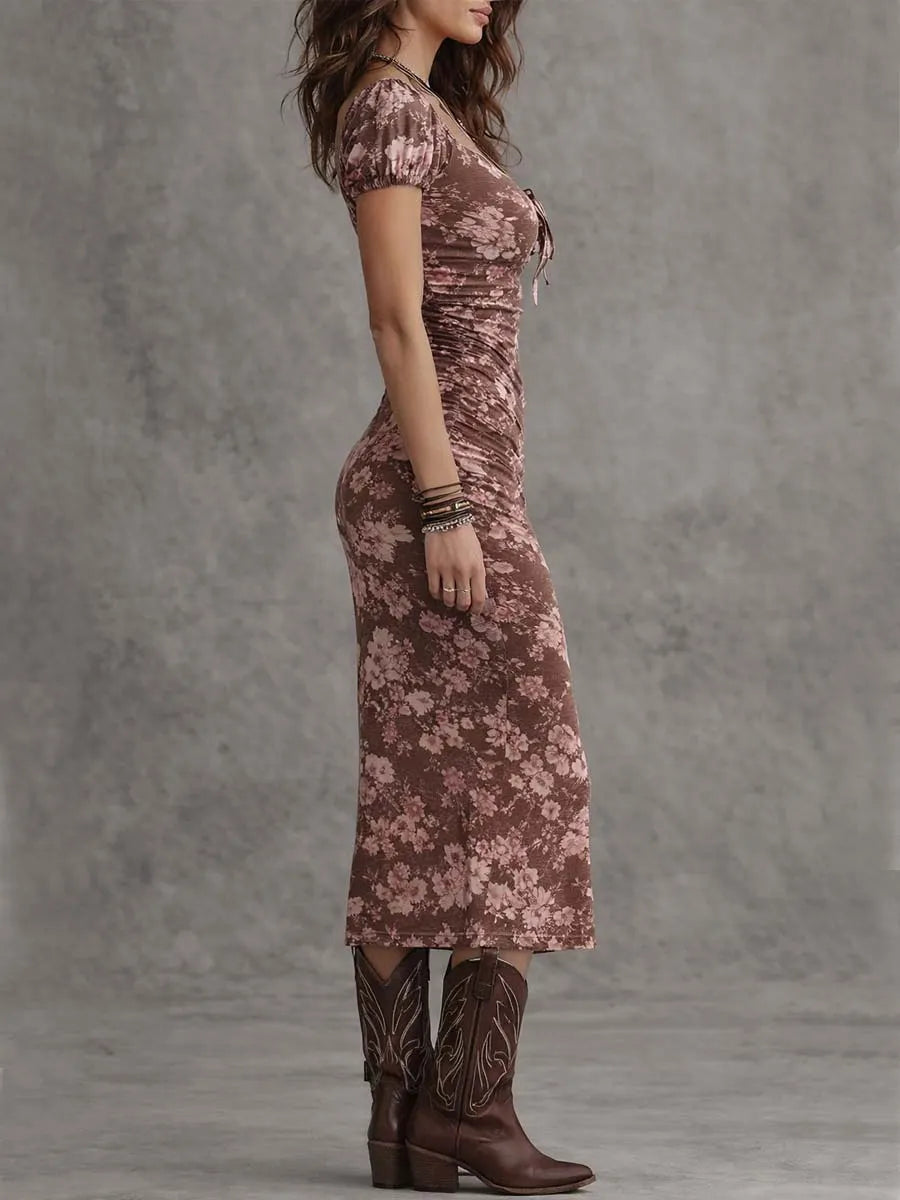 Boho Floral Sweetheart Neck Puff Sleeve Bodycon Midi Dress With Slit