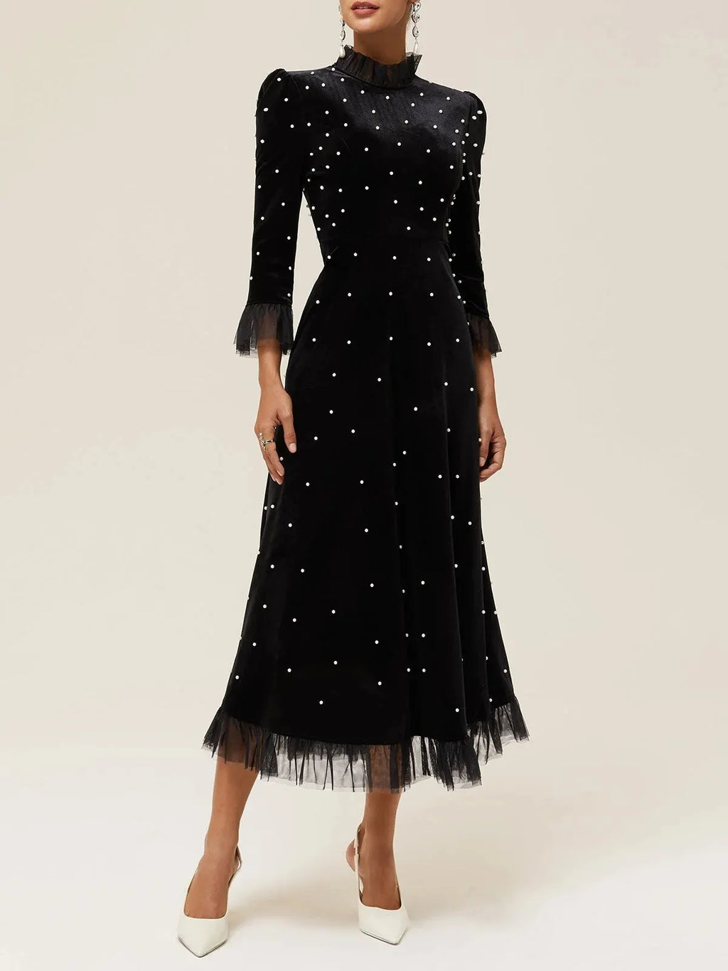 Black Beaded Ruffled Mock Neck Three Quarter Sleeve A-Line Maxi Velvet Dress