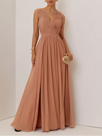 Pink Ruched Prom Dress V Neck Sleeveless A-Line Maxi Bridesmaid Dress