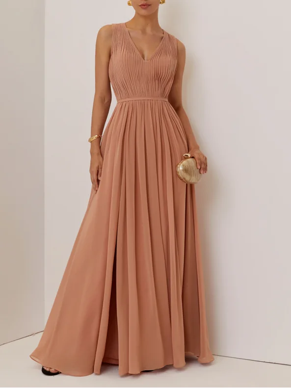 Pink Ruched Prom Dress V Neck Sleeveless A-Line Maxi Bridesmaid Dress