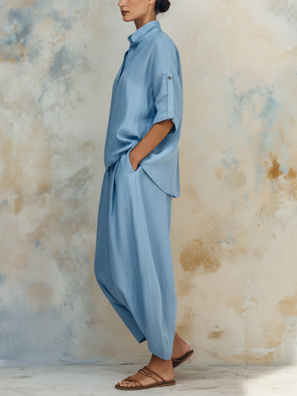 Light Blue Denim Loungewear Set, Half Sleeve Top & Wide Leg Pants 2 Piece Outfit