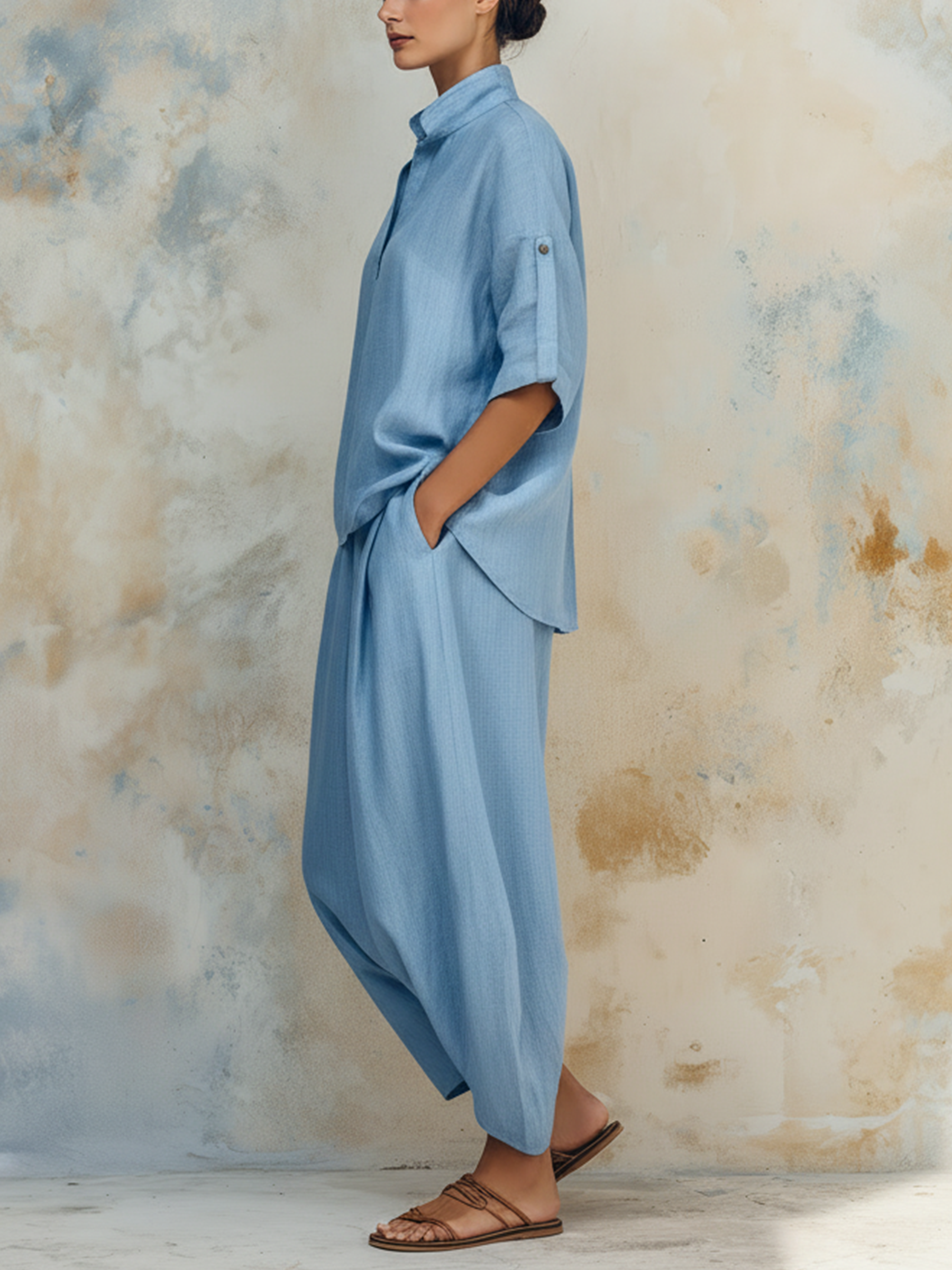 Light Blue Denim Loungewear Set, Half Sleeve Top & Wide Leg Pants 2 Piece Outfit
