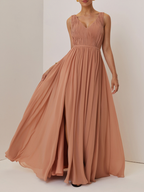 Pink Ruched Prom Dress V Neck Sleeveless A-Line Maxi Bridesmaid Dress