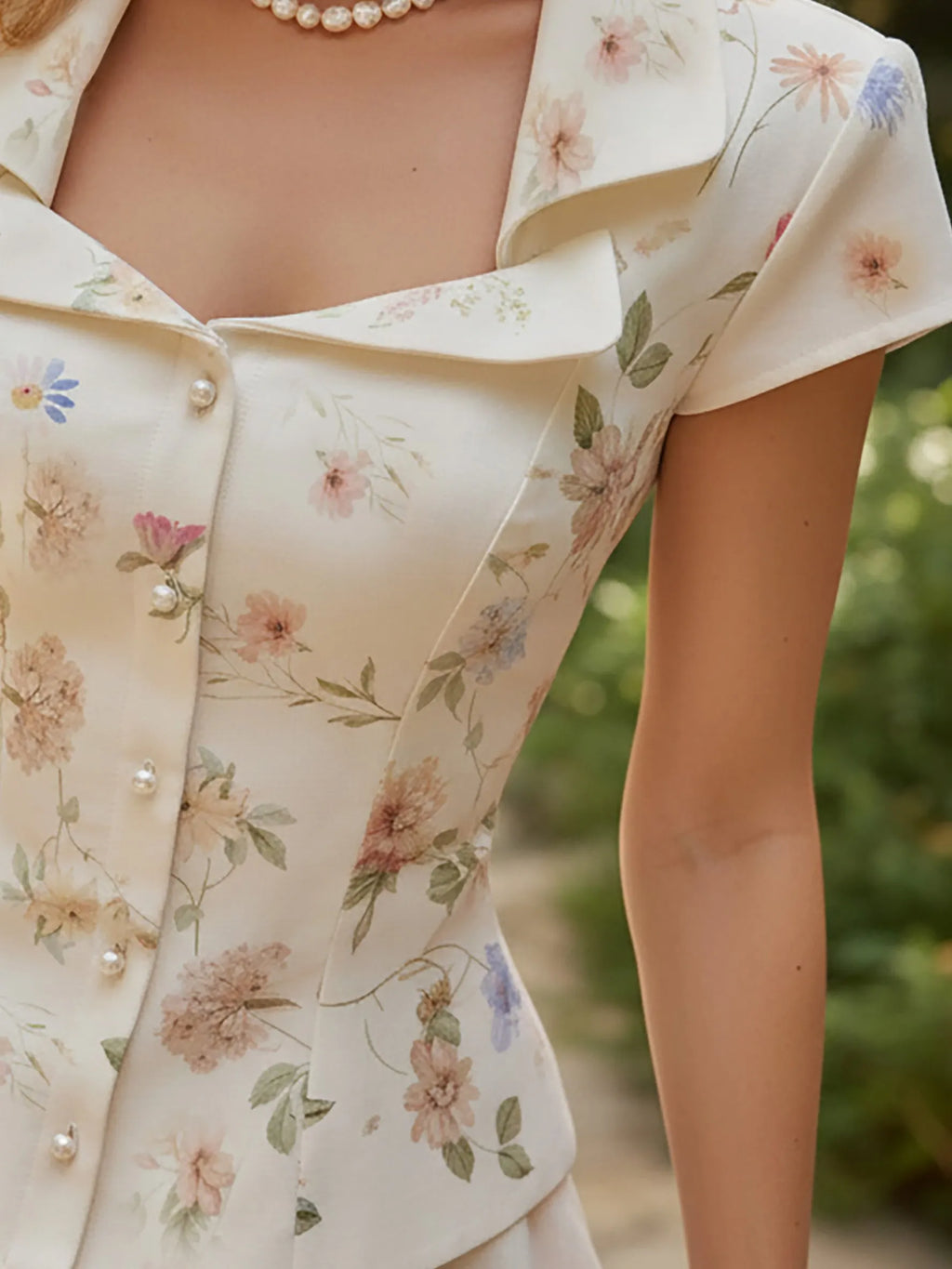 Linen Shirt, Short Sleeves, Shawl Collar, Floral, Button Design, Vintage, Creme light