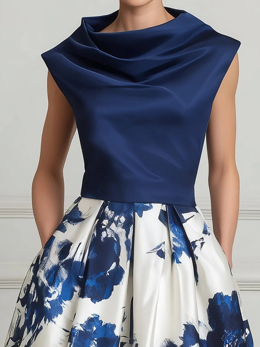 Elegant Floral Satin A-Line Midi Dress
