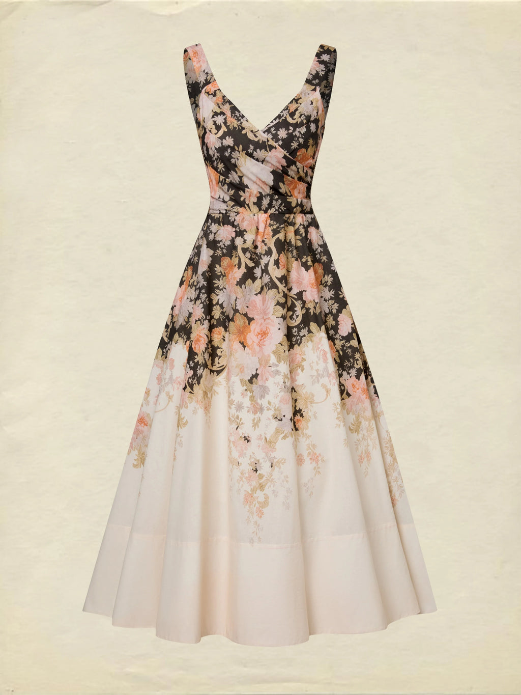 Midi Cotton Dress, Sleeveless, Sweetheart Neck, Floral, Suspenders, Vacation, Vintage, Apricot