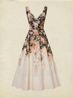 Midi Cotton Dress, Sleeveless, Sweetheart Neck, Floral, Suspenders, Vacation, Vintage, Apricot