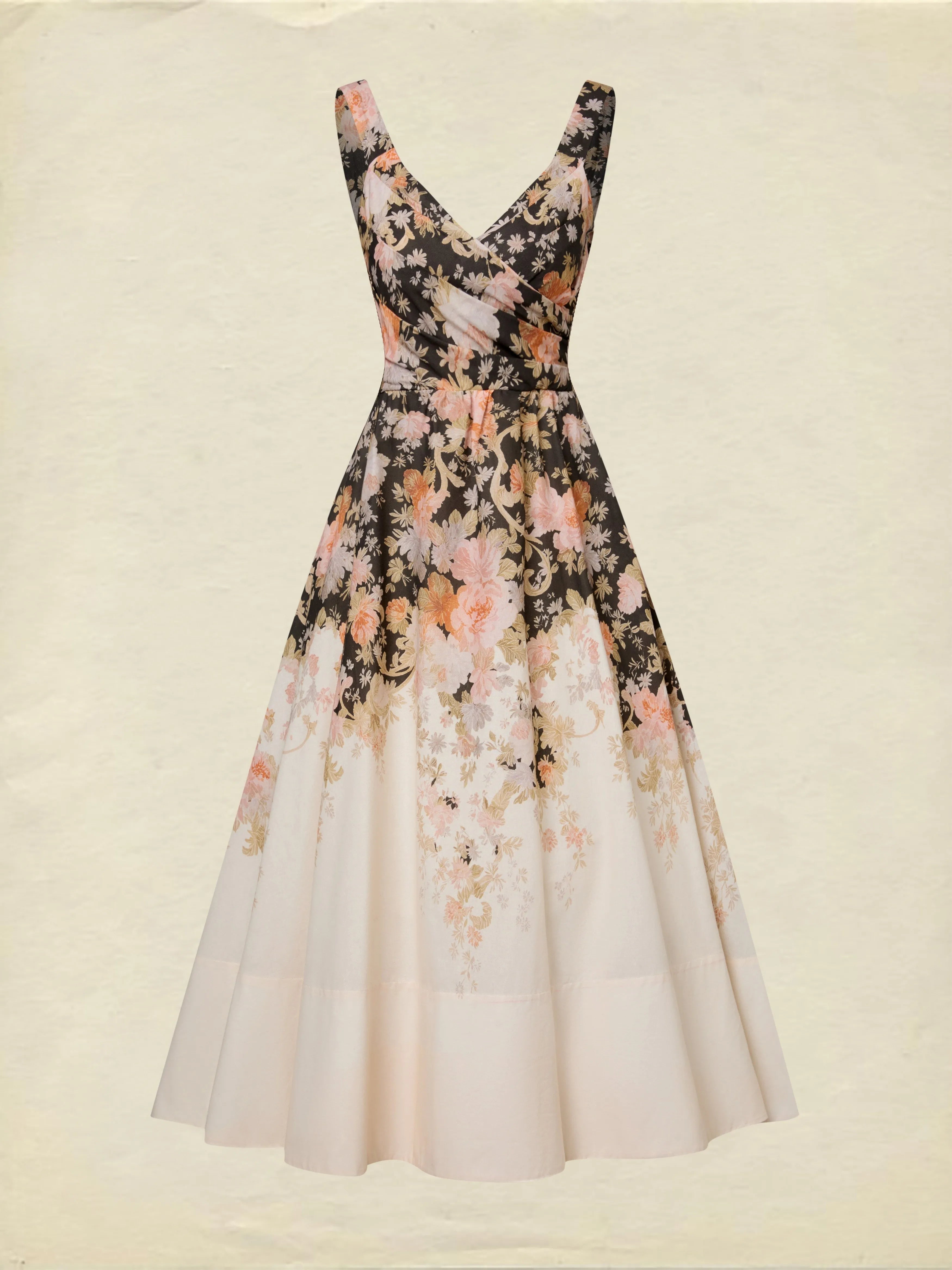 Midi Cotton Dress, Sleeveless, Sweetheart Neck, Floral, Suspenders, Vacation, Vintage, Apricot