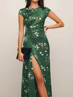 Green Slit Floral Satin Crew Neck Cap Sleeve A-Line Maxi Dress