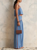 Blue & Orange Contrast Trim Cropped Cami & Wide-Leg Pants Co-ord Set