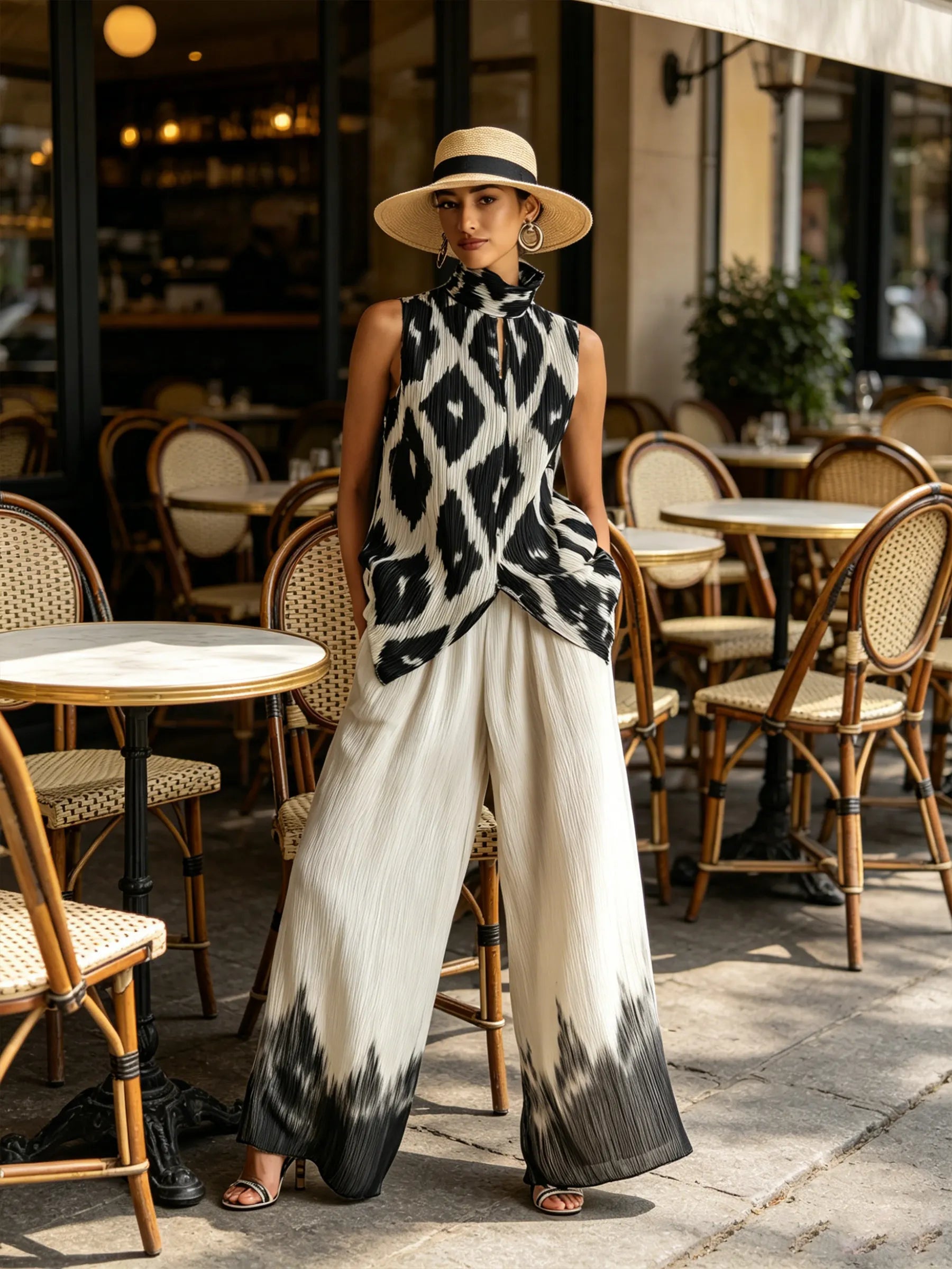 Black & White Ikat Print Pleated Sleeveless Top & Dip-Dye Wide-Leg Pants Set