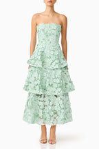 Strapless 3D Floral Tiered Midi Dress