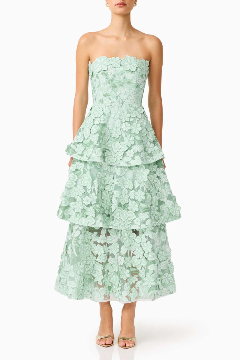 Strapless 3D Floral Tiered Midi Dress