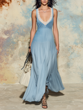 Light Blue Lace-Trim Tiered Maxi Dress