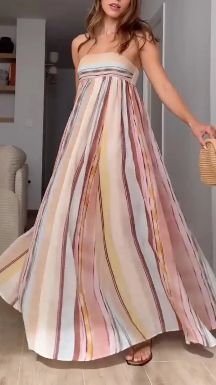 Pastel Watercolor Stripe Strapless Maxi Dress