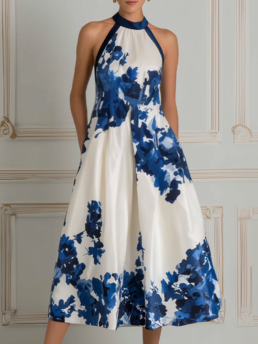 Elegant Floral Halter A-Line  Midi Dress