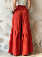 Red Tiered Wide-Leg Palazzo Pants With Elastic Waist & Pockets