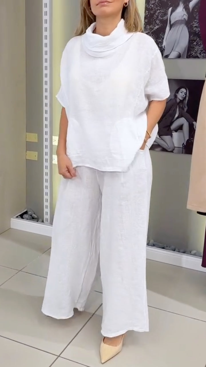 Women's High-Neck Cotton Linen Loose Casual Suit