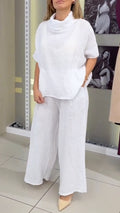 Women's High-Neck Cotton Linen Loose Casual Suit