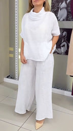 Women's High-Neck Cotton Linen Loose Casual Suit