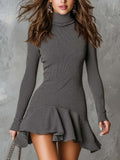 Retro-style Ribbed Knit Mini Dress With Ruffled Hem