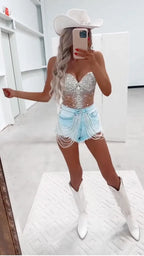 Rhinestone Mesh Bustier & Pearl Chain Denim Short Two Piece Set