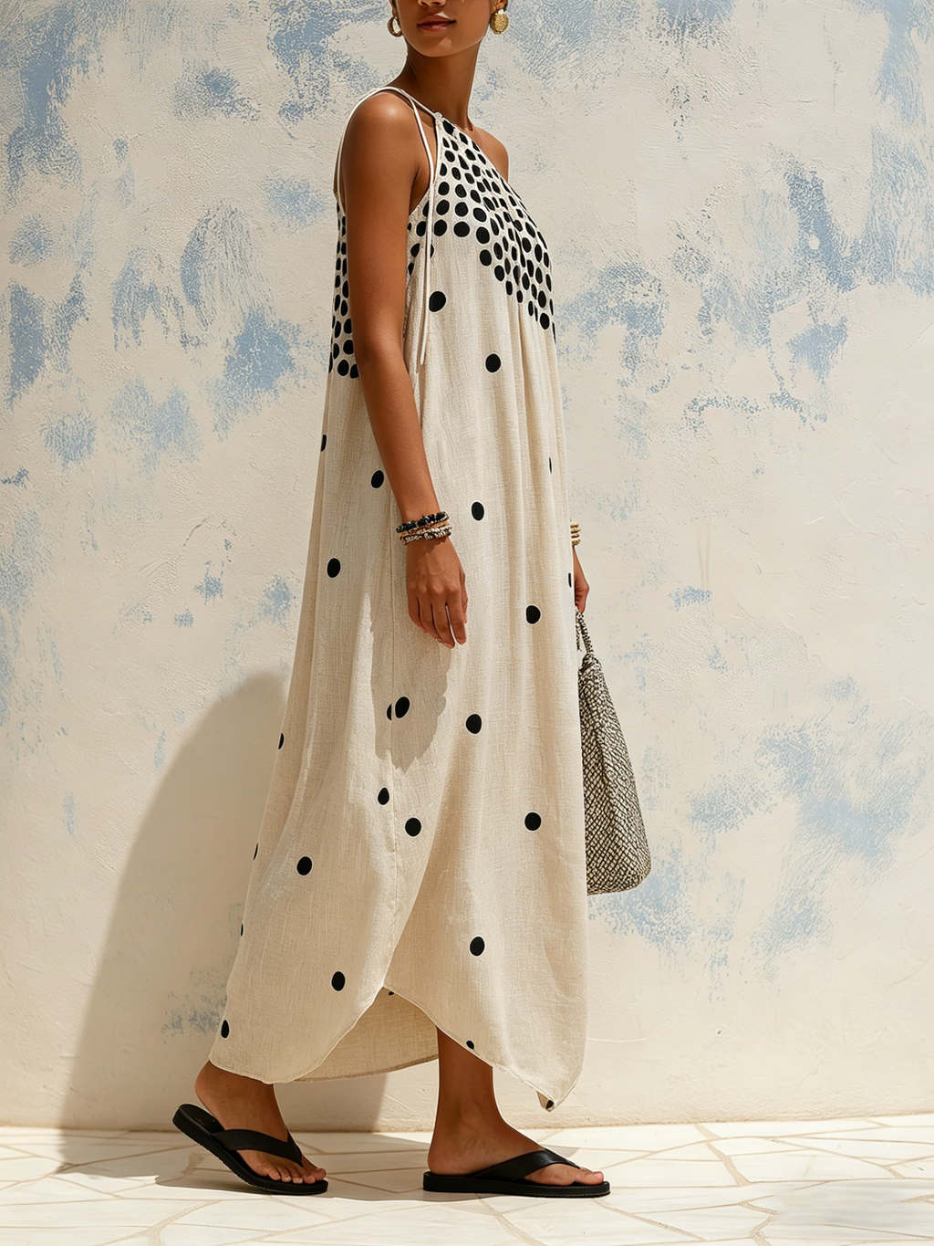 Polka Dot One-Shoulder Linen-Blend Maxi Dress
