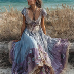 Boho Floral Embroidered Summer Fresh Flowy Linen Maxi Dress