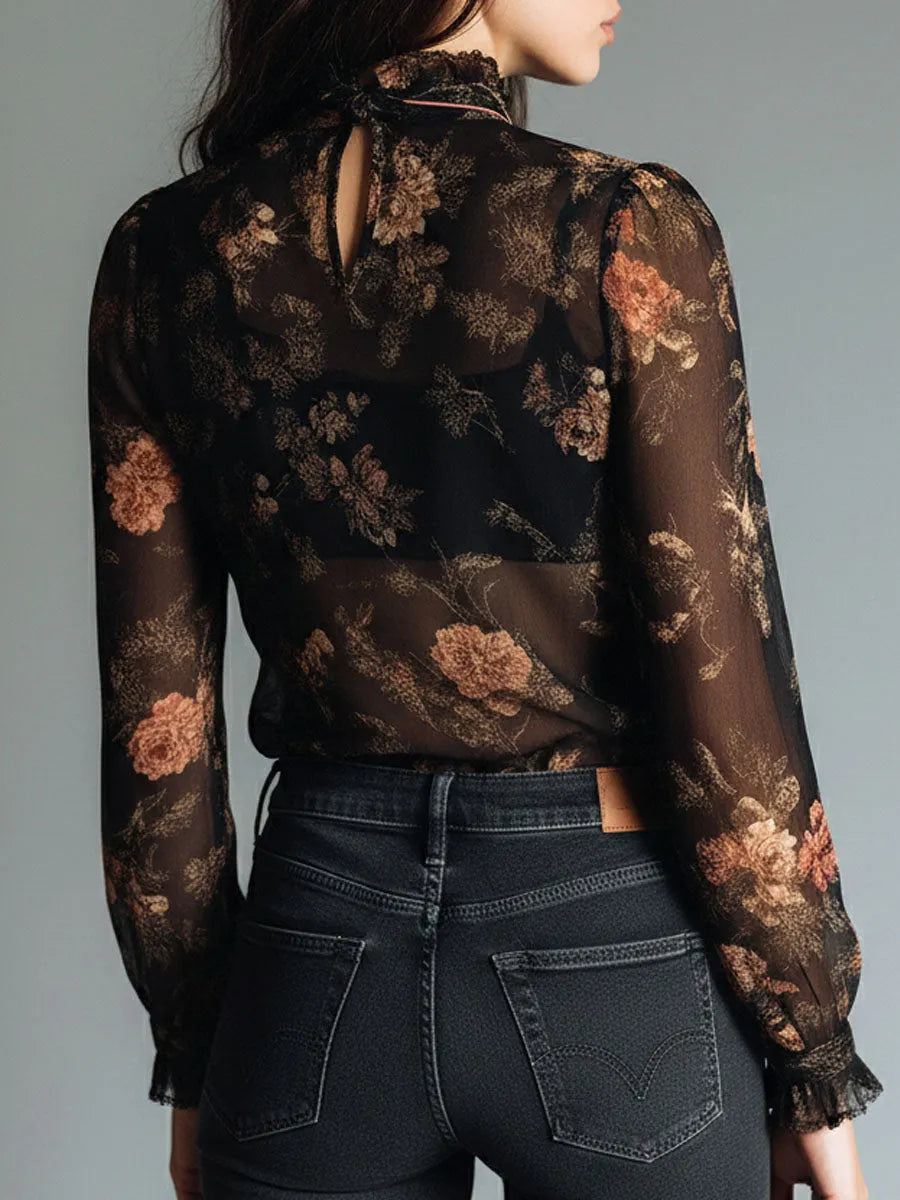Vintage Black Sheer Chiffon Floral Tie Neck Blouse