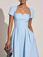 Light Blue Asymmetric Classic Square Neck Short Sleeve A-Line Midi Dress