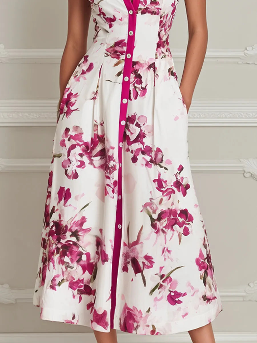 Elegant Floral Shirt Collar Midi Dress