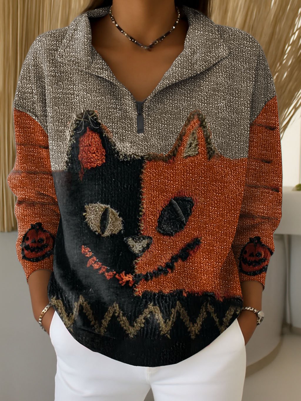 Women's Retro Animal Cat Print Zipper Sweatshirt