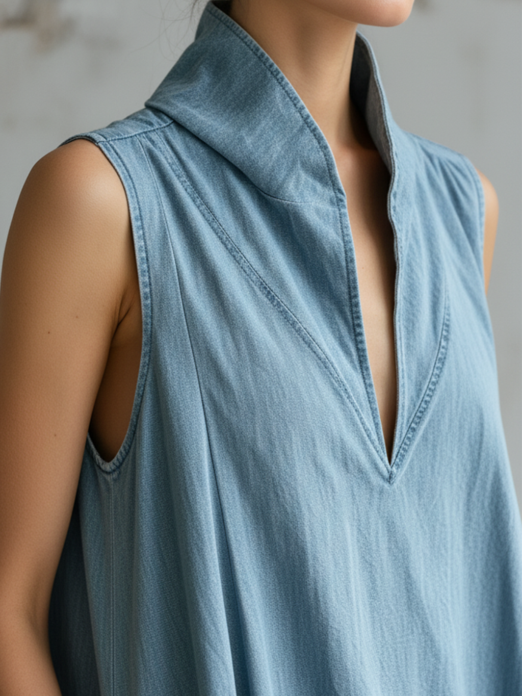 Light Wash Denim Sleeveless High-Collar Maxi Dress