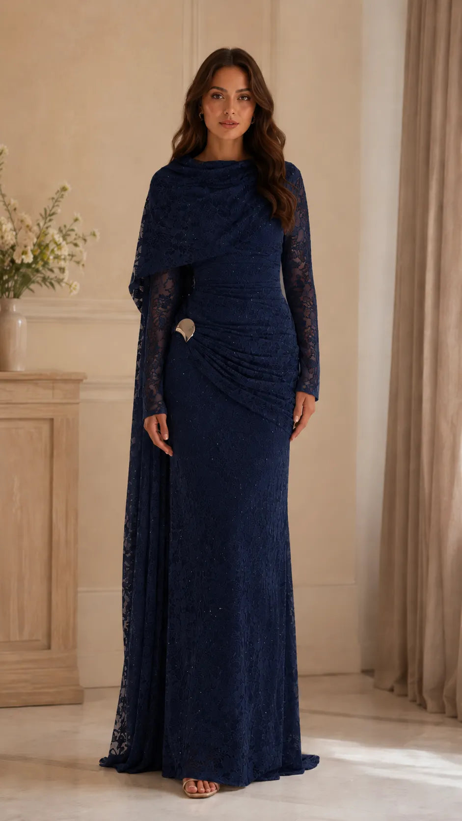 Beaded Lace Draped Cape Mermaid Gown