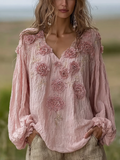 Bohemian Retro Countryside Style Plant Flower Design Cotton And Linen Women's Long-sleeve Shirt