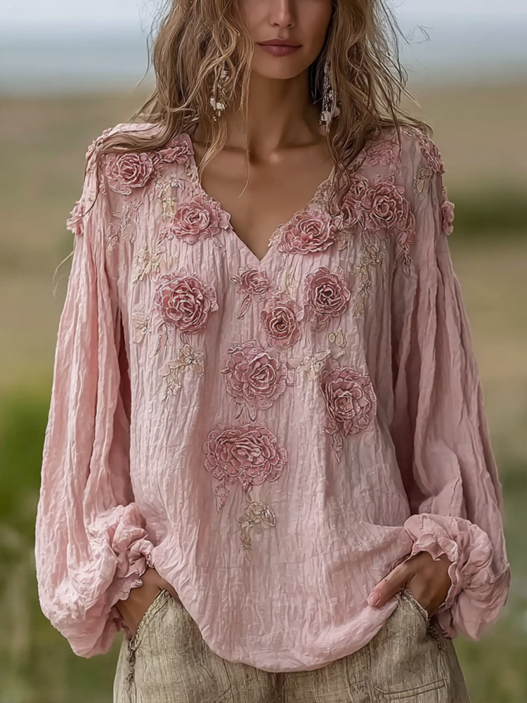 Bohemian Retro Countryside Style Plant Flower Design Cotton And Linen Women's Long-sleeve Shirt