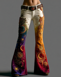 Women's star and moon embroidered tie-dye gradient flared pants 2574