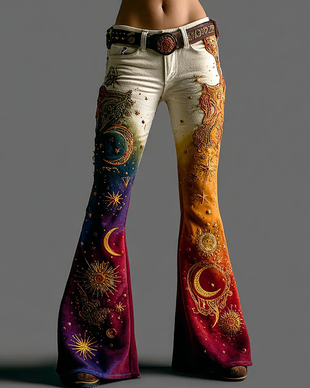 Women's star and moon embroidered tie-dye gradient flared pants 2574